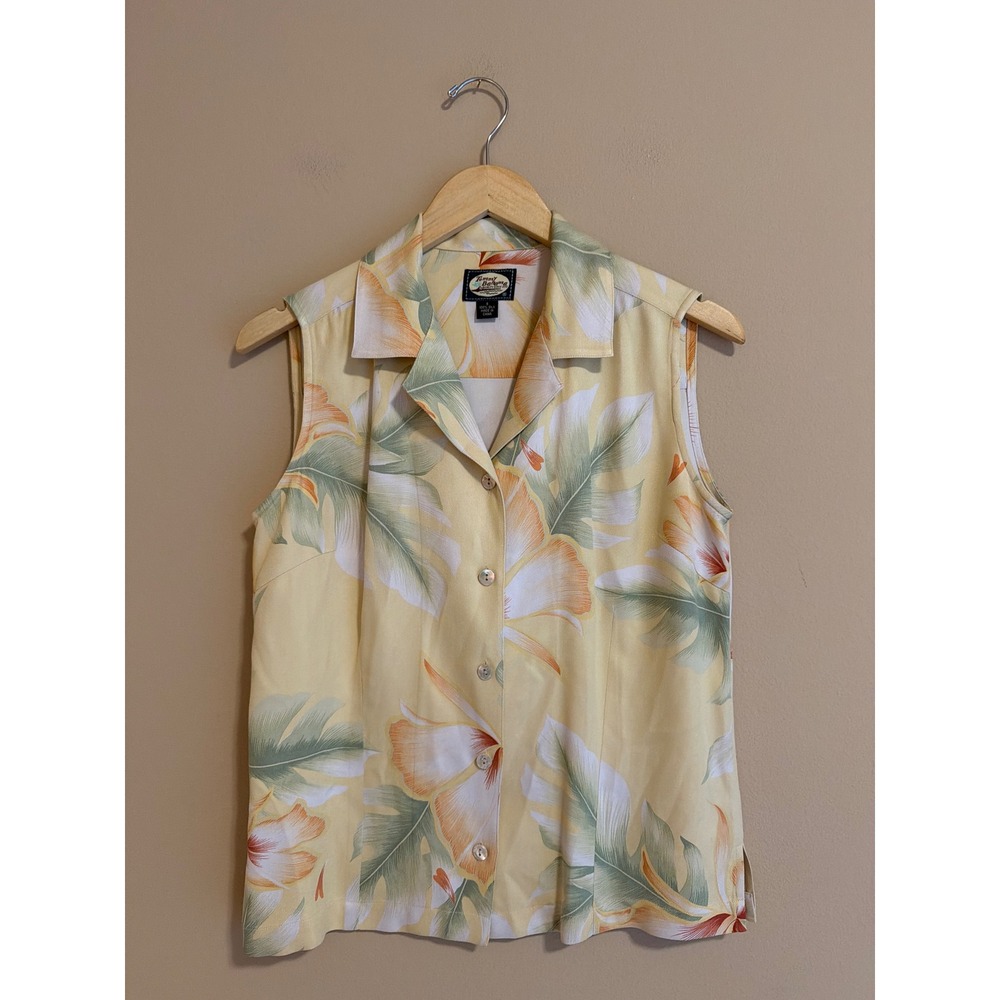 Tommy Bahama Womens Small Yellow Silk Floral Tropical Sleeveless‎ Camp Shirt
